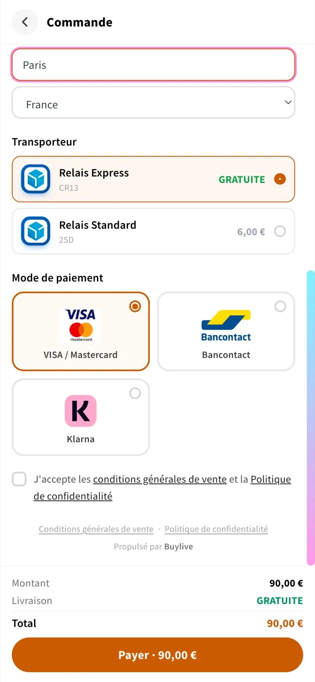 Écran Commande : le transporteur Relais Express affiche « GRATUITE », total 90 €.