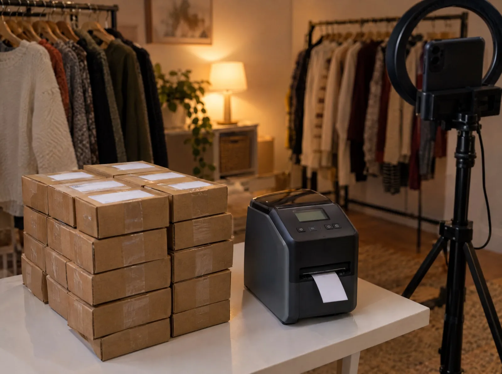 Le soir après un live : une douzaine de colis étiquetés prêts à partir, à côté d’une imprimante d’étiquettes compacte, du type de la Brother QL-820NWBc que BuyLive conseille.