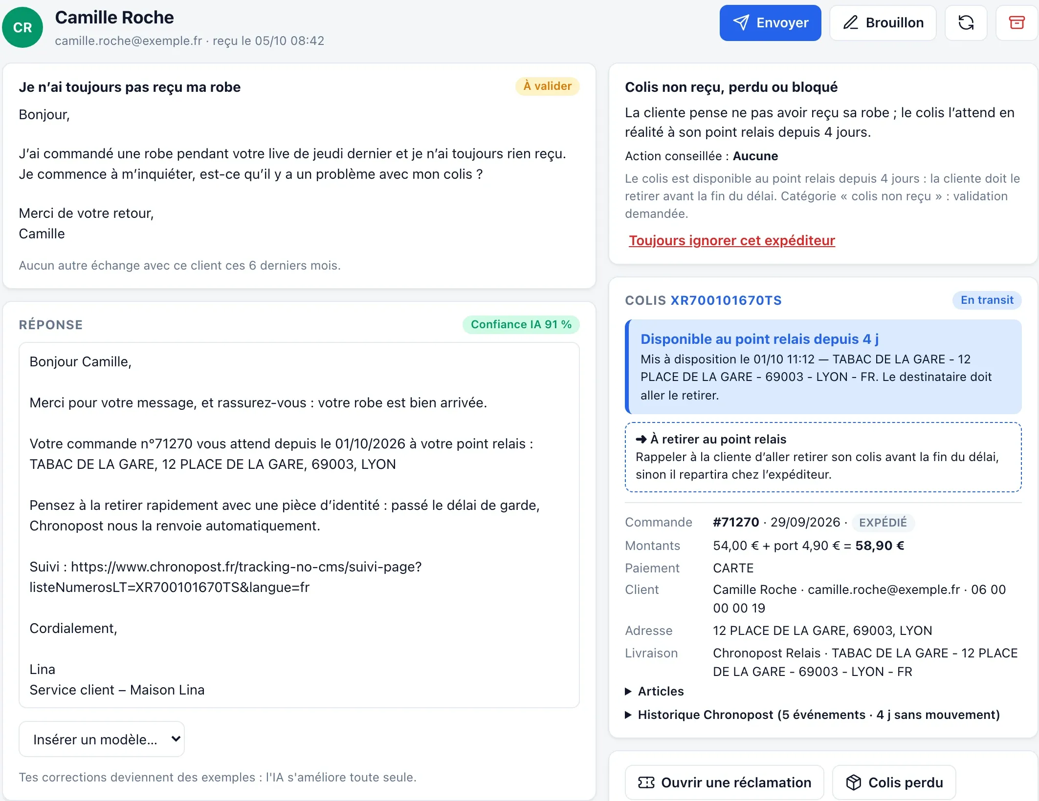 Écran réel de SAV BuyLive : la réponse prête, la commande et le suivi Chronopost à droite.