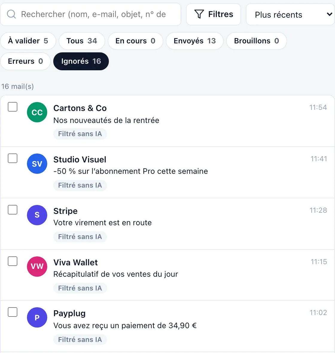Écran réel de SAV BuyLive : la liste « Ignorés », chaque mail marqué « Filtré sans IA ».